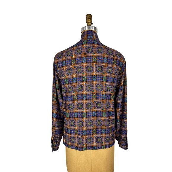 Vintage 80s Southwestern Top Womens M Blue Brown Fringe Necktie Blouse - Picture 9 of 10